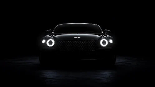 Low-key frontal portrait of luxury coupe with dramatic rim lighting