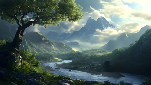 Atmospheric mountain valley rendered in luminous digital realism.