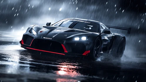 Racing car powers through wet track under heavy night rain