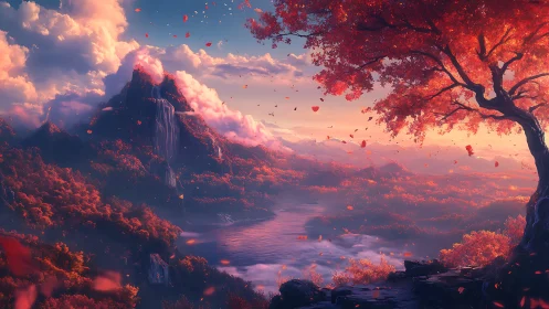 Autumnal fantasy valley unfolds under radiant sunset light