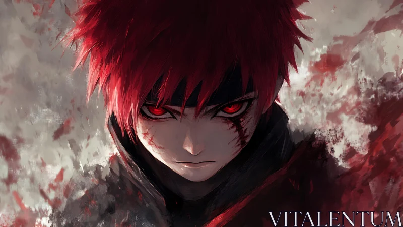 Crimson‑eyed warrior wrapped in swirling storm of resolve.