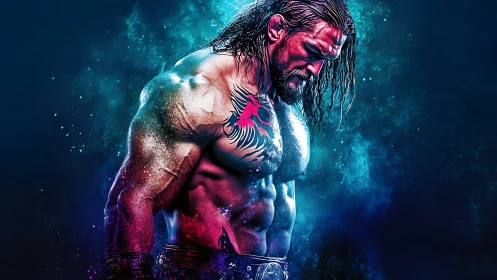 Neon titan bows in electric silence and swirling color storm.