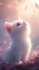 Ethereal White Cat with Pink Petals: Soft Surreal Portrait.