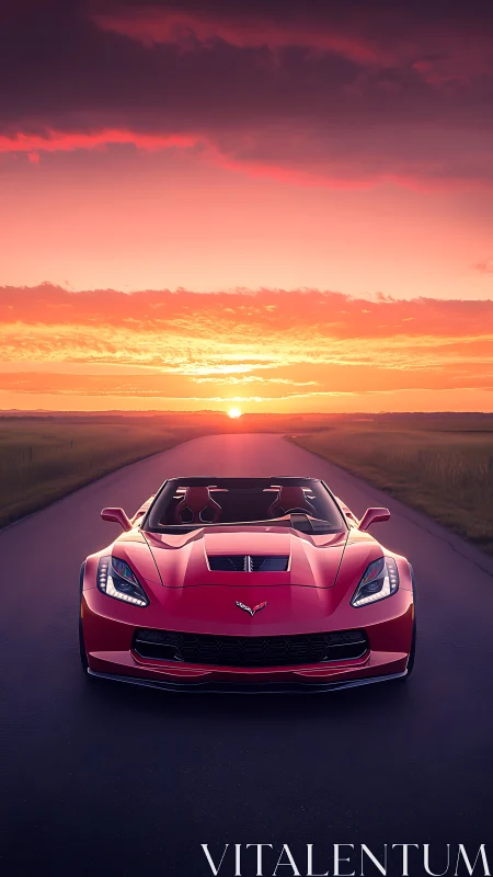 Red performance roadster under cinematic sunset sky.