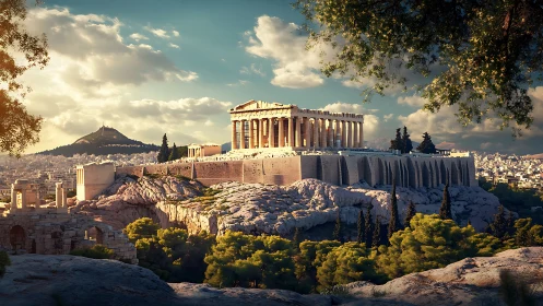 Sunlit Acropolis and Parthenon above modern Athens skyline.