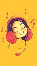 Stylized portrait of smiling girl in red headphones on yellow