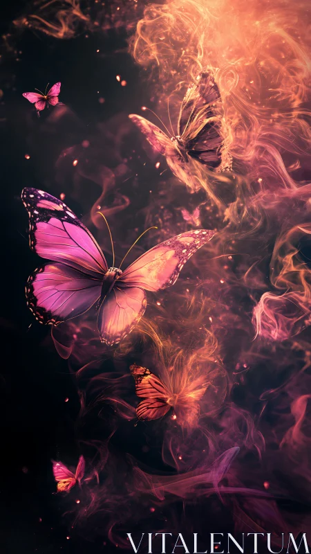Ignited butterflies drift upward through rivers of glowing dusk