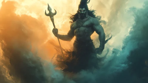 Muscular warrior with trident stands amid swirling clouds