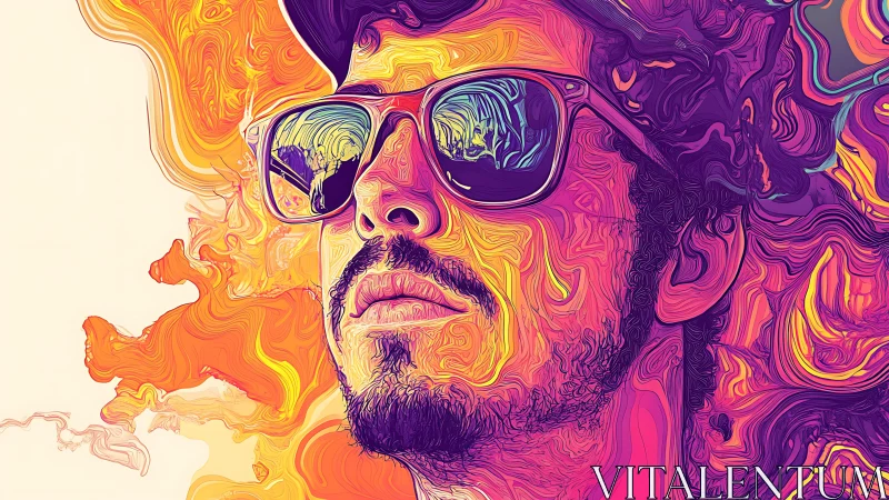 Vibrant psychedelic portrait shows reflective sunglasses and swirls