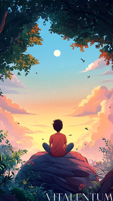 Solitary boy watches golden sunset from forest cliff