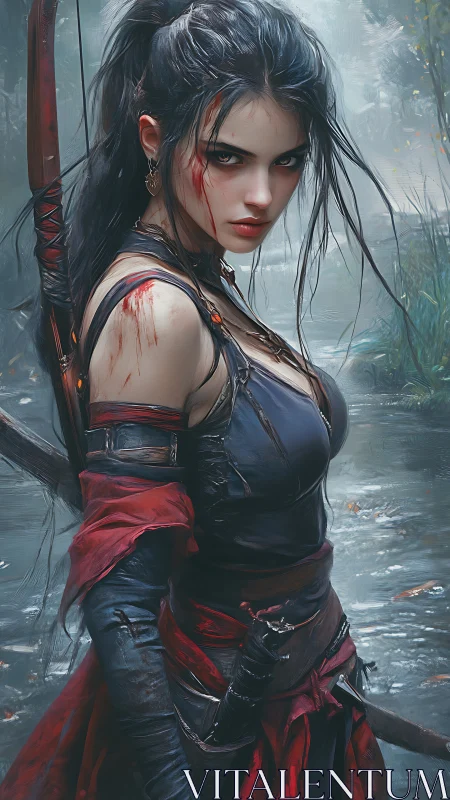 Fierce river rogue resting between battles in wild mist.