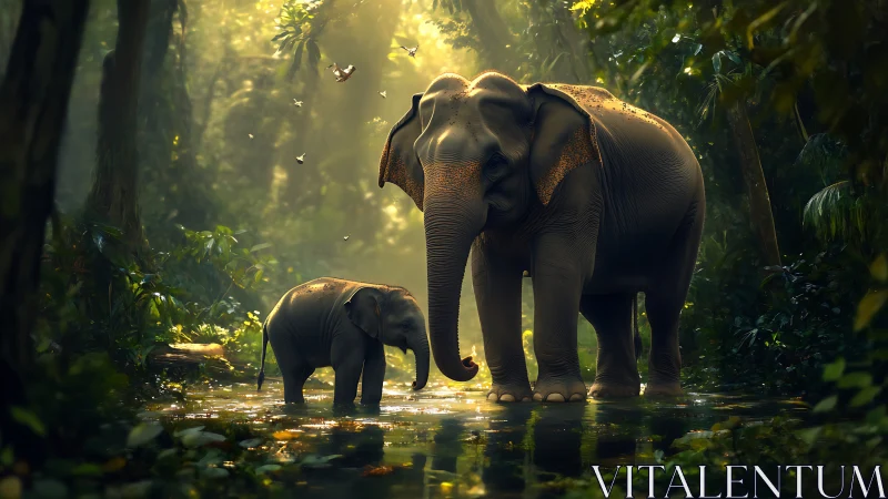 Gentle elephant family wandering through golden jungle light.