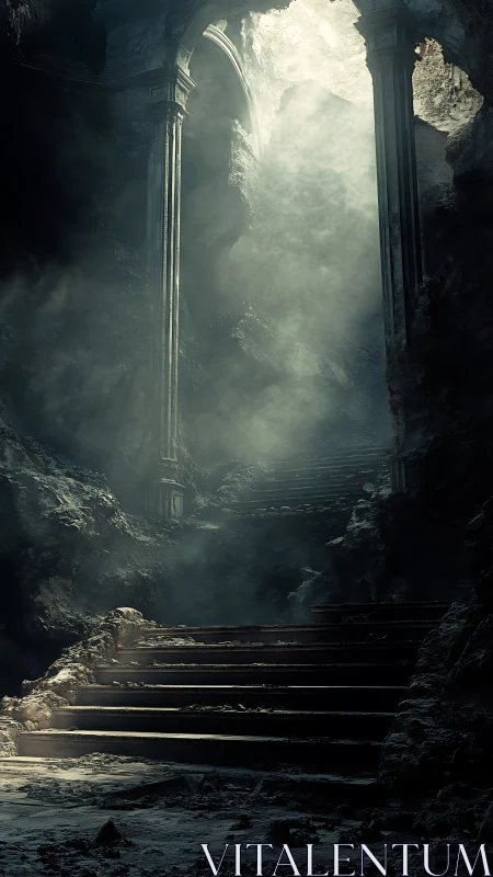 Mysterious stone stairway gently climbs toward distant light