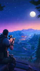 Lunar-lit sniper overwatch across stylized battle valley geometry.