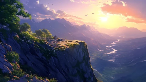 Lone figure on sunlit cliff above glowing river valley.