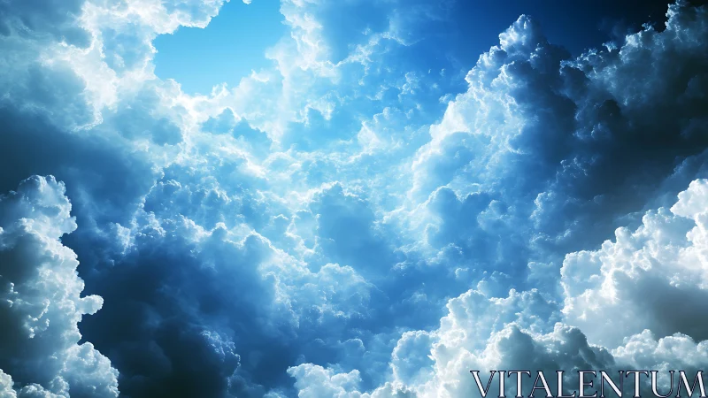 Sunlit cumulus cloudscape opening into deep blue sky.