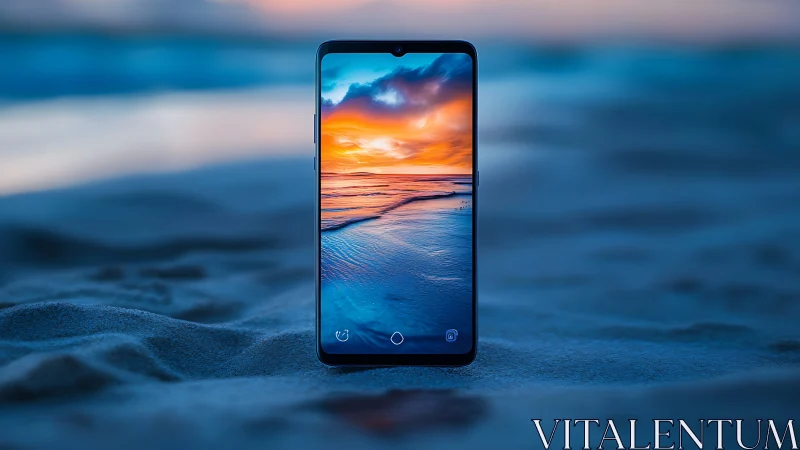 Smartphone Displaying Sunset Seascape Against Coastal Sand Environment.