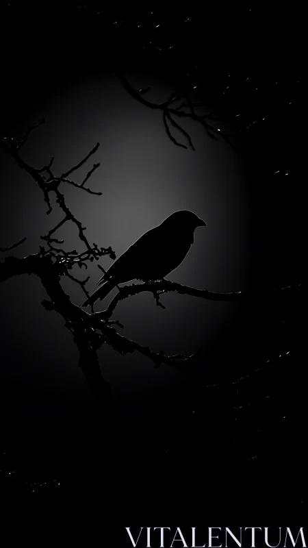 Solitary Bird Perched on Bare Branches in Moonlit Silhouette