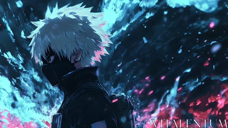 Masked anime figure stands amid contrasting blue and red light