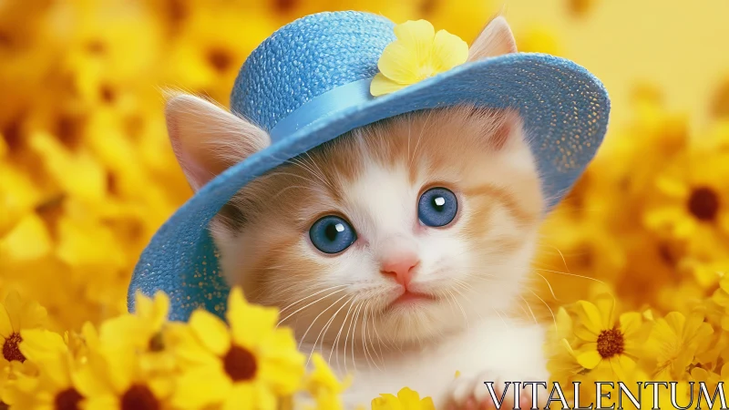 Charming Kitten Wears Blue Hat Among Yellow Flowers.