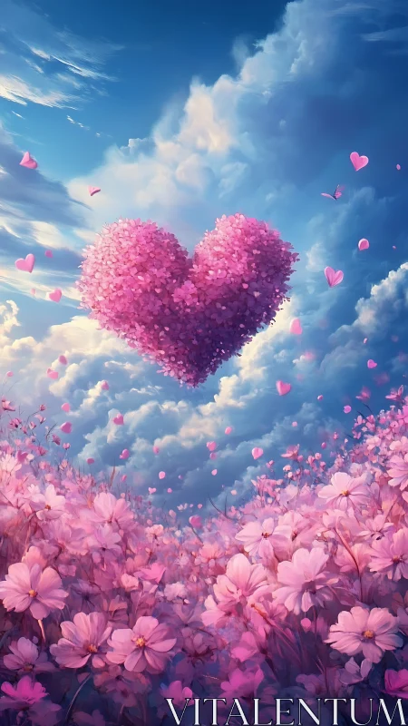 Giant Pink Heart Floating Among Clouds and Flowers.