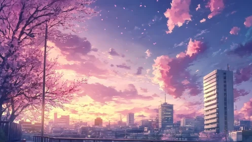 Sakura city skyline under luminous pink twilight sky.