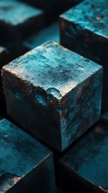 Weathered metal cubes quietly glow in teal industrial haze