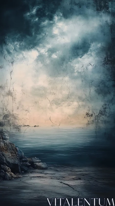 Rock shoreline under overcast sky with textured overlay.