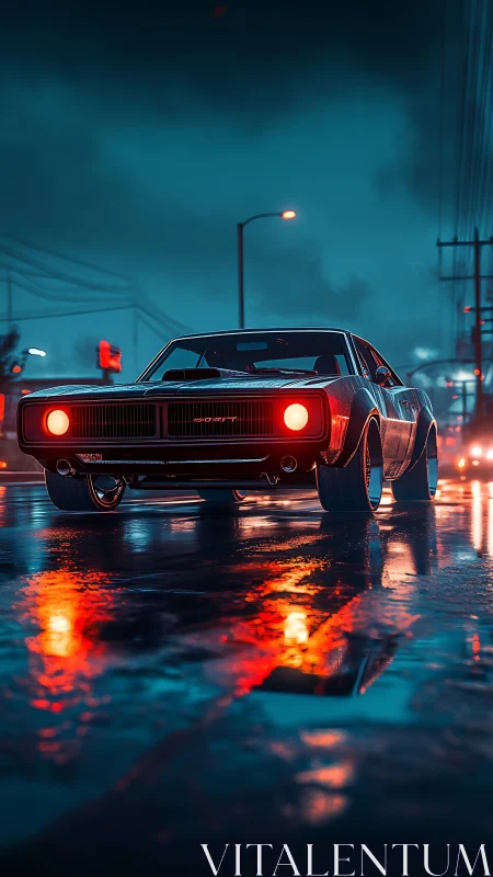 Retro muscle car under neon streetlights on reflective wet asphalt