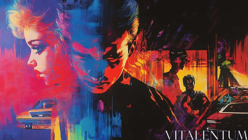 Neon noir collage of faces, cars and urban night scene.