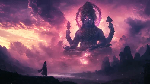 Colossal luminous deity emerges from nebular sky over wanderer