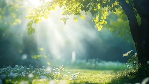 Sunlit Garden Scene with Tree and Flowers in Dreamy Soft Focus.