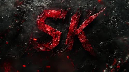 Fiery red SK logo carved into dark molten stone surface.