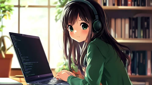 Headphoned coder girl in soft-lit library sanctuary.