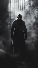 Mysterious masked warrior emerges through swirling fog.