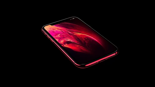 Sleek red smartphone floats in darkness with vivid glow