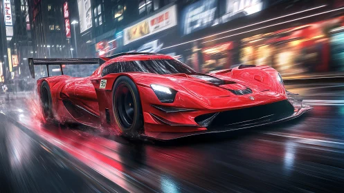Scarlet hypercar racing through neon-lit midnight streets.
