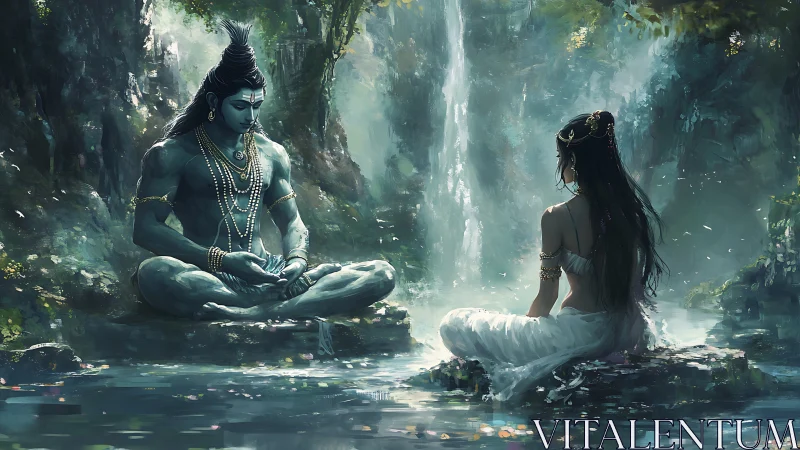 Digital painting of divine meditation beside a forest waterfall.
