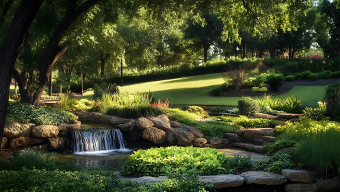 Lush landscaped park with stream, waterfall, and stone path.