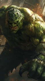 Mutant brute unleashes feral rage amid burning ruins.