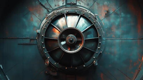 Industrial metal turbine vent dominates centered blue panel