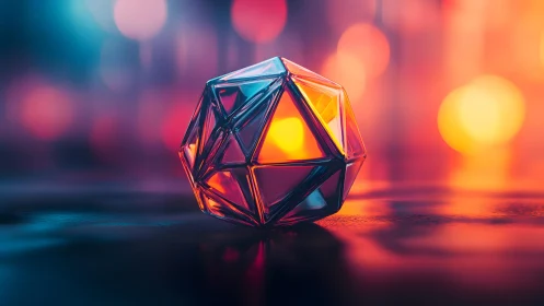 Geometric glass polyhedron with internal glow on bokeh surface