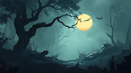 Full moon haunts a twisted forest in eerie teal mist