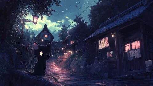 Backlit stylized black cat on lantern-lit cobblestone alley at dusk
