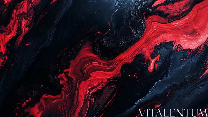 Red fluid streaks across dark marbled abstract surface.