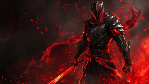 Bladed ember warlord rising from a storm of crimson fire.