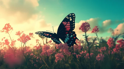 Butterfly rests on pink wildflowers under bright sky