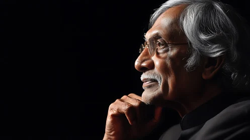 Elderly man in profile against dark background in thought.