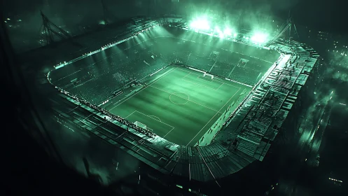 Floodlit football stadium viewed from high diagonal angle