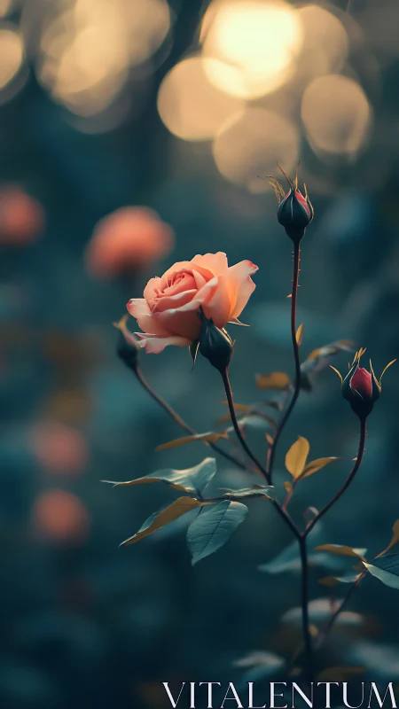 Romantic Rose with Closed Buds Against Bokeh Background.